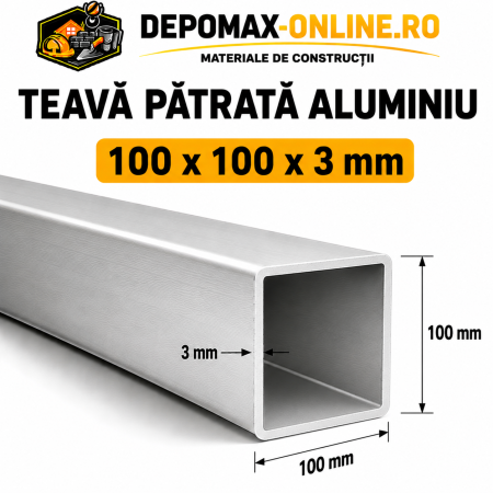 Teava patrata aluminiu 100 x 100 x 3 mm, 6 metri (EN AW-6060)